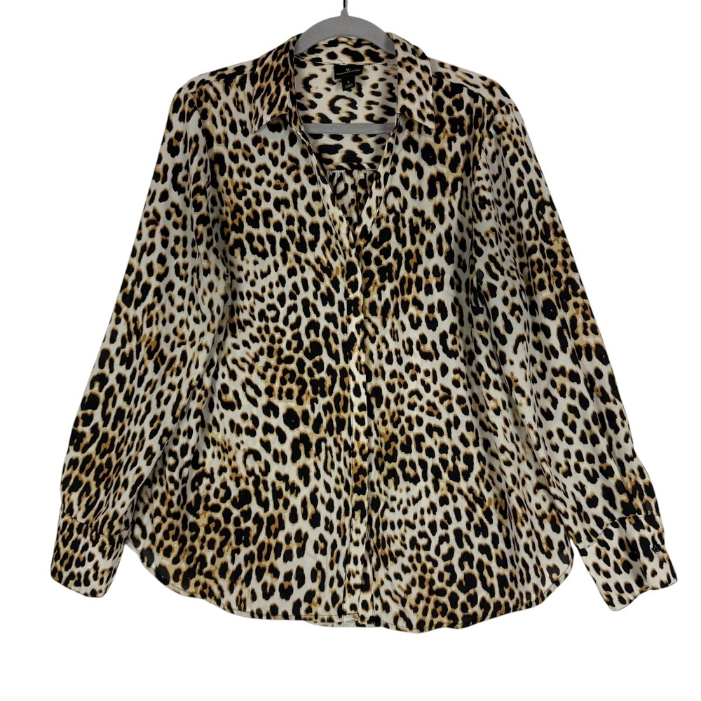 Worthington Button Up Shirt Womens Large Brown Leopard Print Long Sleeve Top